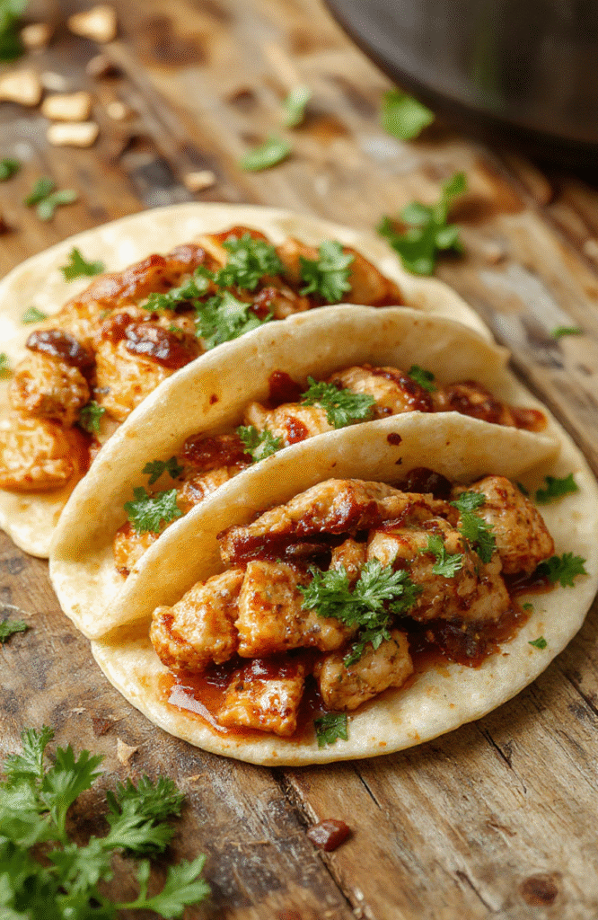 A vibrant plate of chicken tacos with shredded chicken, fresh avocado slices, diced tomatoes, and crunchy lettuce, all neatly arranged on a rustic wooden surface with a colorful backdrop, showcasing textures from tender meat to crisp vegetables.