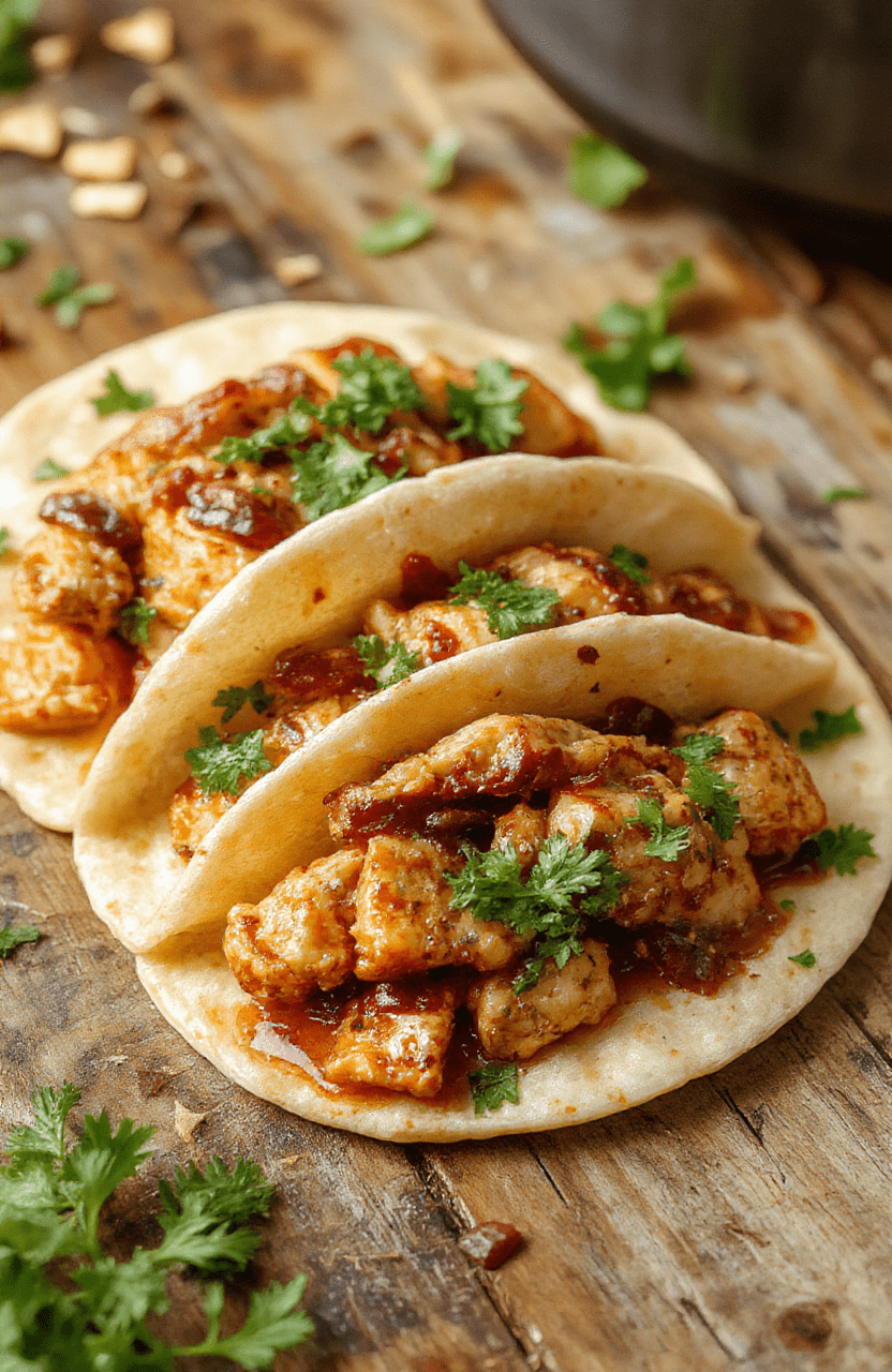 A vibrant plate of chicken tacos with shredded chicken, fresh avocado slices, diced tomatoes, and crunchy lettuce, all neatly arranged on a rustic wooden surface with a colorful backdrop, showcasing textures from tender meat to crisp vegetables.