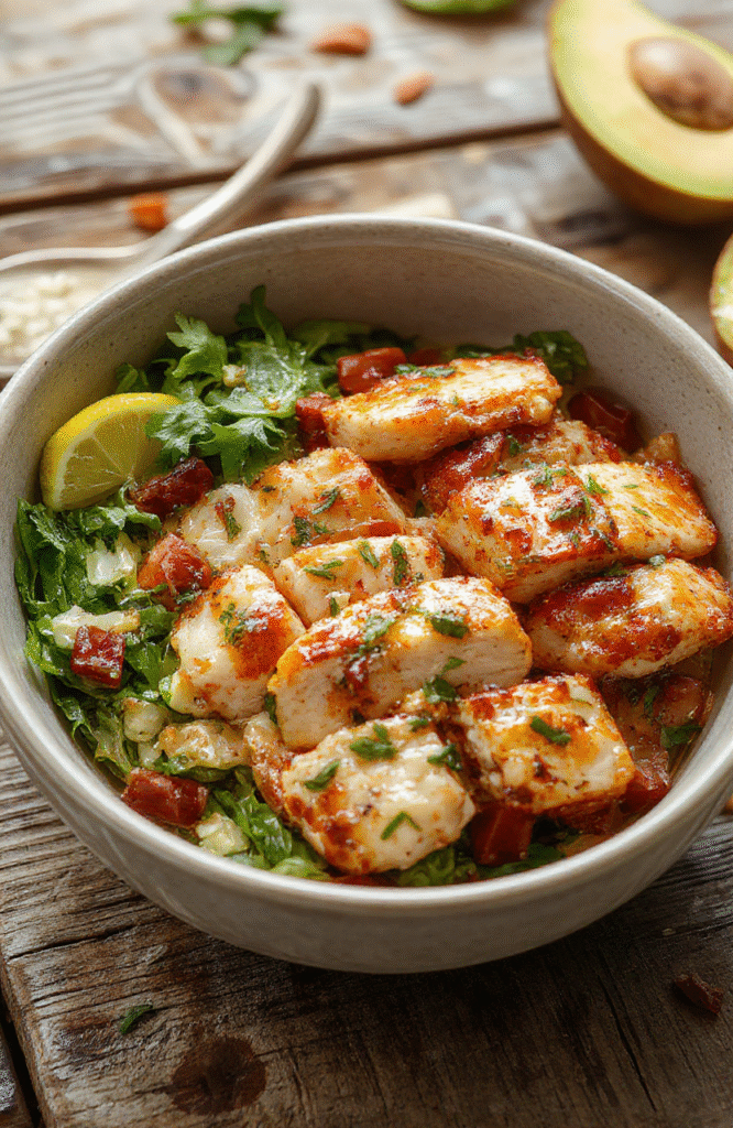 A vibrant Mediterranean chicken bowl featuring grilled chicken, cherry tomatoes, cucumbers, red onions, olives, and crumbled feta cheese arranged in a colorful bowl on a rustic wooden surface, with fresh herbs scattered around. The textures of tender chicken, crisp vegetables, and creamy feta create an inviting and appetizing scene, styled with natural lighting and soft shadows.