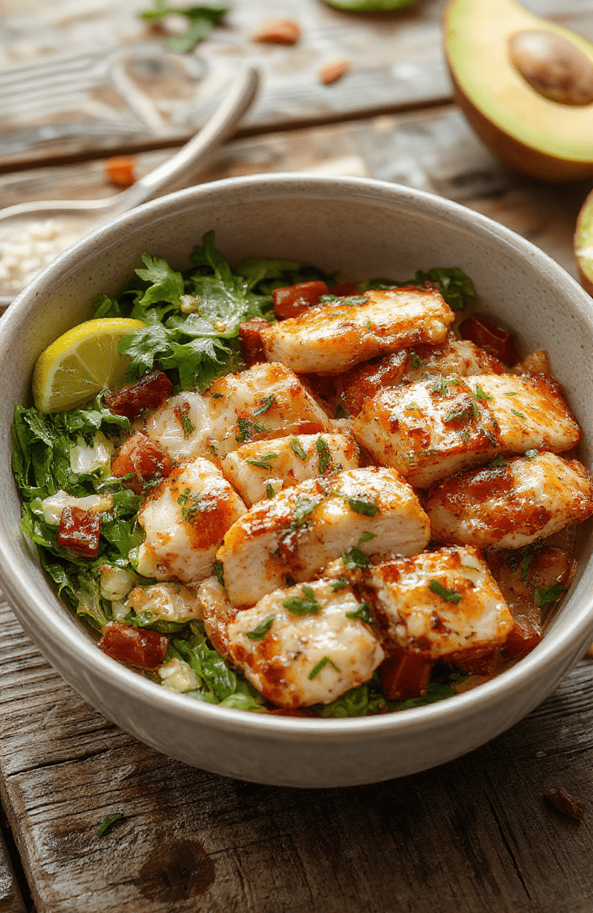 A vibrant Mediterranean chicken bowl featuring grilled chicken, cherry tomatoes, cucumbers, red onions, olives, and crumbled feta cheese arranged in a colorful bowl on a rustic wooden surface, with fresh herbs scattered around. The textures of tender chicken, crisp vegetables, and creamy feta create an inviting and appetizing scene, styled with natural lighting and soft shadows.