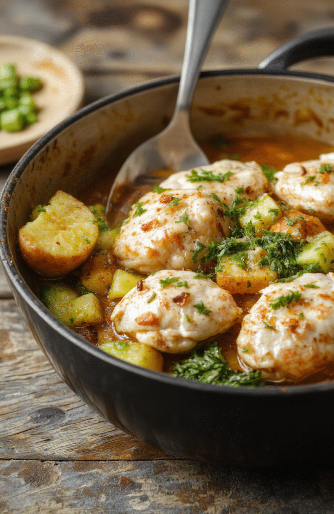 A vibrant plate featuring juicy chunks of chicken and colorful mixed vegetables arranged neatly on a white ceramic plate. The dish is garnished with fresh herbs, showcasing a glossy, appetizing texture. The background is softly blurred with a rustic wooden table surface, emphasizing the wholesome, comforting appeal of a homemade one-pot meal, styled simply for an inviting look.