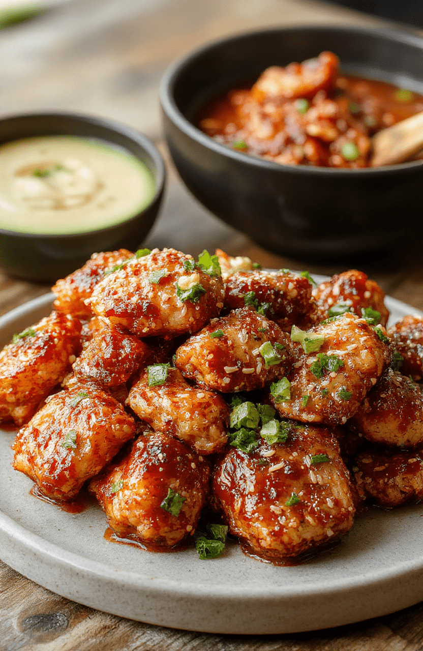 A vibrant plate of sesame chicken glazed with a shiny sauce, garnished with sesame seeds and chopped green onions. The dish is arranged neatly on a white plate, highlighting the golden-brown crispy chicken pieces with a glossy, flavorful coating. The background is softly blurred, emphasizing the appetizing textures and bright colors of the dish, styled casually for a cozy dinner setting.