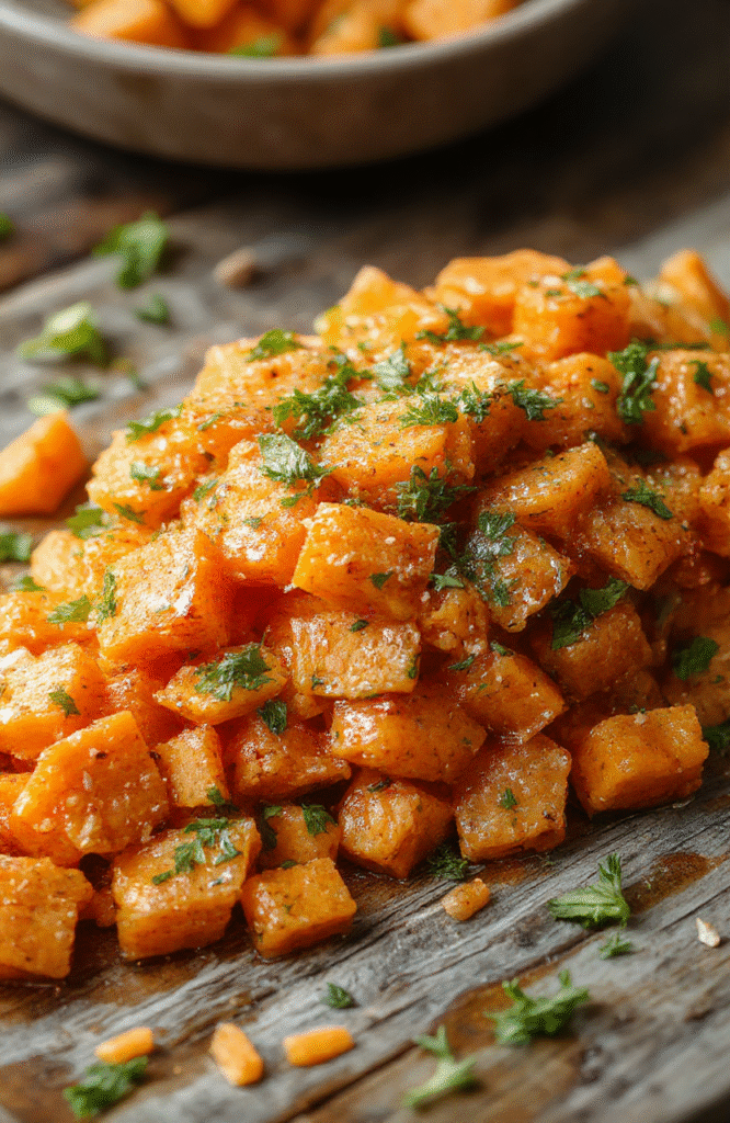 A vibrant plate of mashed carrots with a bright orange hue, garnished with fresh herbs, presented on a rustic wooden table with a soft, natural light glow, showcasing the smooth texture and inviting appearance