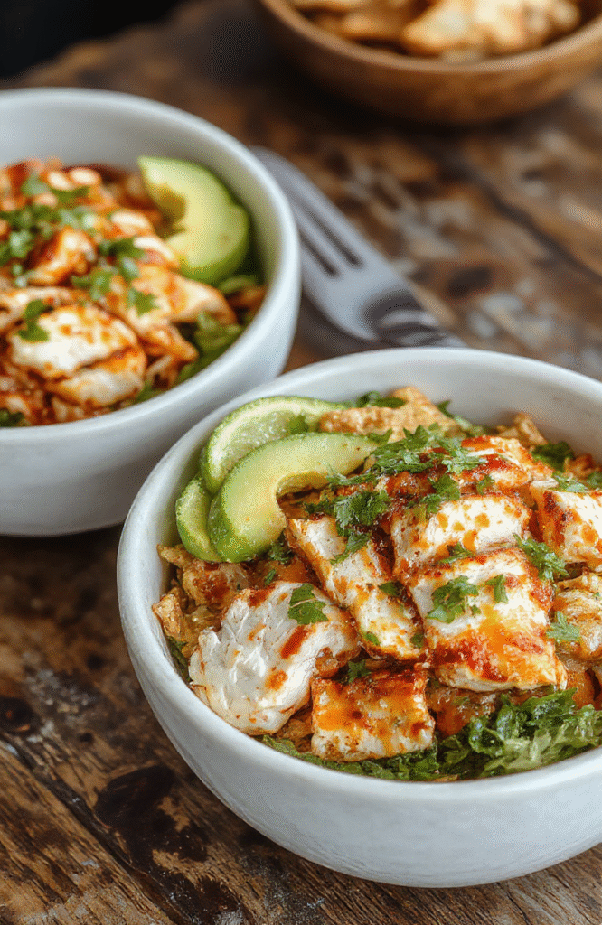 A vibrant bowl featuring seasoned grilled chicken, colorful bell peppers, black beans, corn, and fresh avocado slices. Topped with shredded cheese and cilantro, the dish is presented on a rustic wood surface with a drizzle of lime and a side of tortilla chips, showcasing textures from crispy veggies to tender chicken and creamy toppings, styled in a casual, inviting manner.