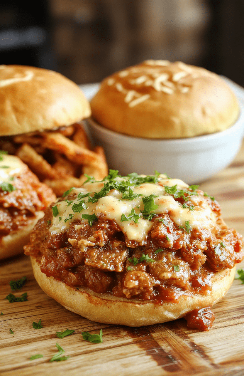 A vibrant plate of healthy turkey sloppy joes with whole wheat buns, topped with fresh chopped lettuce and tomatoes, served on a rustic wooden table. The dish showcases a rich, savory turkey mixture with a glossy finish, garnished with a sprinkle of herbs. Bright colors from the toppings contrast beautifully with the bun and plate, styled casually with a hint of greenery for a fresh look.