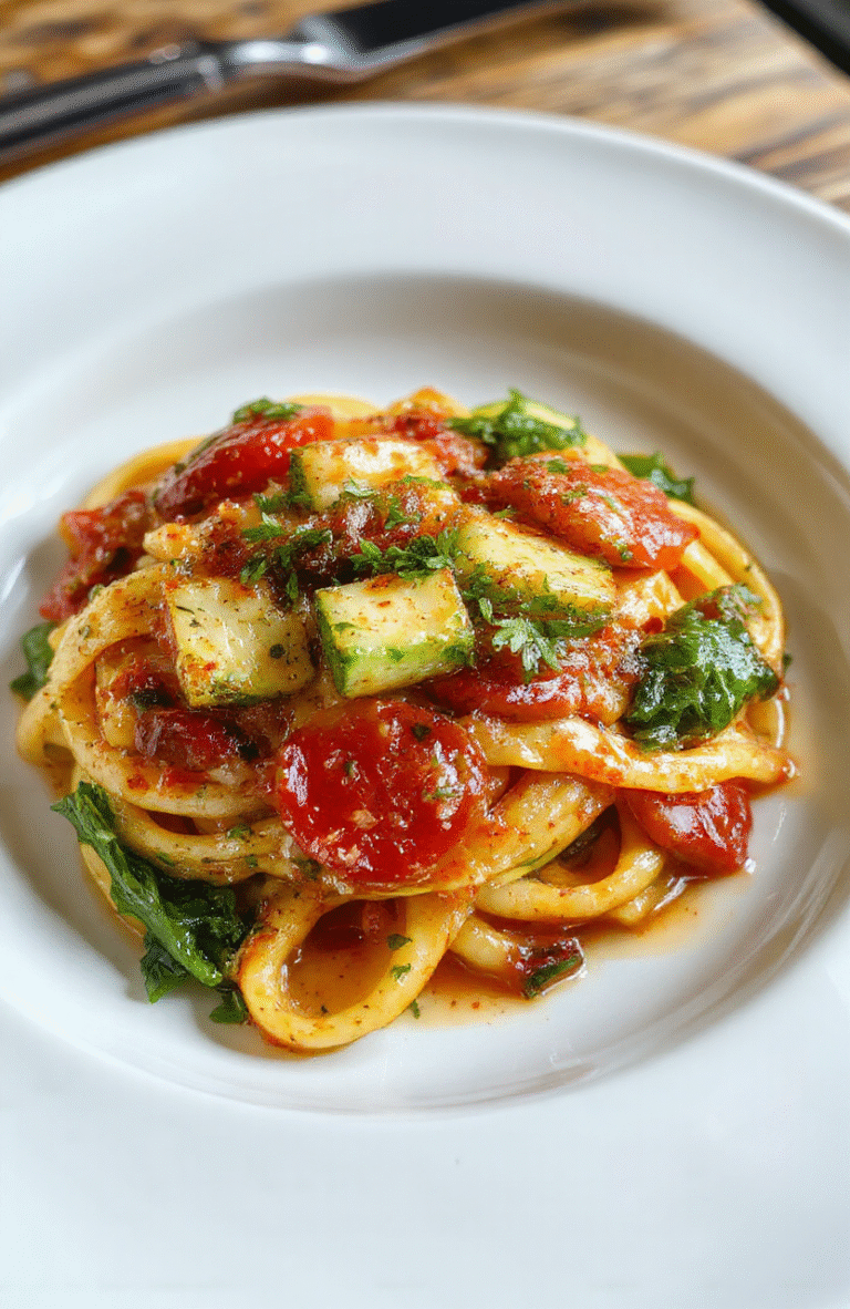 Colorful vegetarian tomato zucchini pasta on a rustic white plate, garnished with fresh basil leaves, vibrant red tomatoes, tender zucchini strands, glossy olive oil, and grated cheese, styled simply with a neutral background and natural lighting highlighting textures and freshness.