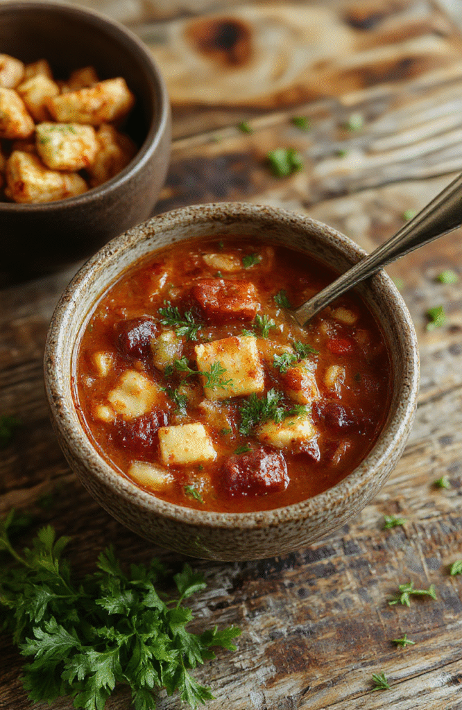 A vibrant bowl of hearty cowboy soup showcasing chunks of beef, beans, corn, and diced tomatoes, garnished with fresh herbs. The soup is served in a rustic white bowl on a wooden table, with a spoon resting beside it, highlighting its chunky texture and warm, inviting colors. The background shows a cozy kitchen atmosphere, emphasizing the comforting and filling nature of this one-pot dish.