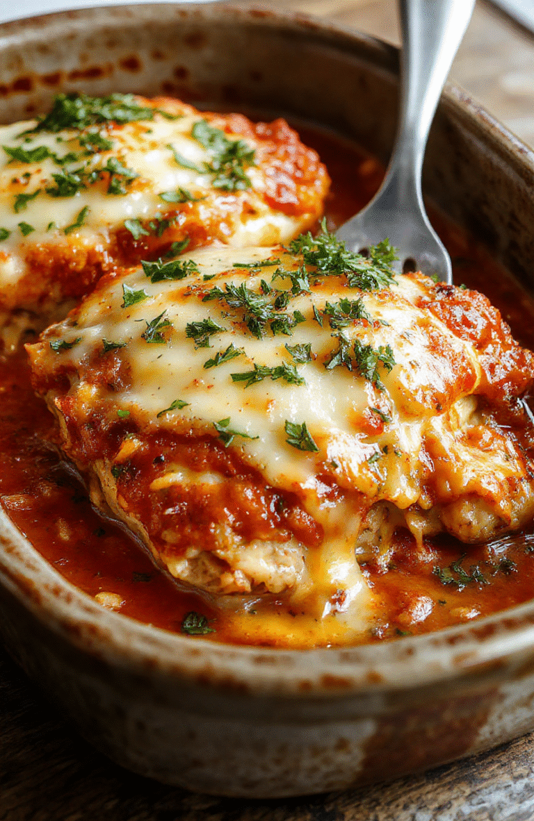 A vibrant chicken Parmesan casserole in a rustic ceramic dish topped with melted cheese and fresh basil, with crispy breadcrumbs and tomato sauce visible beneath. The dish is garnished with a sprig of basil and set on a wooden table, with steam rising and a side of leafy greens for contrast. The scene captures the warm and inviting textures of the cheesy topping and juicy chicken pieces.