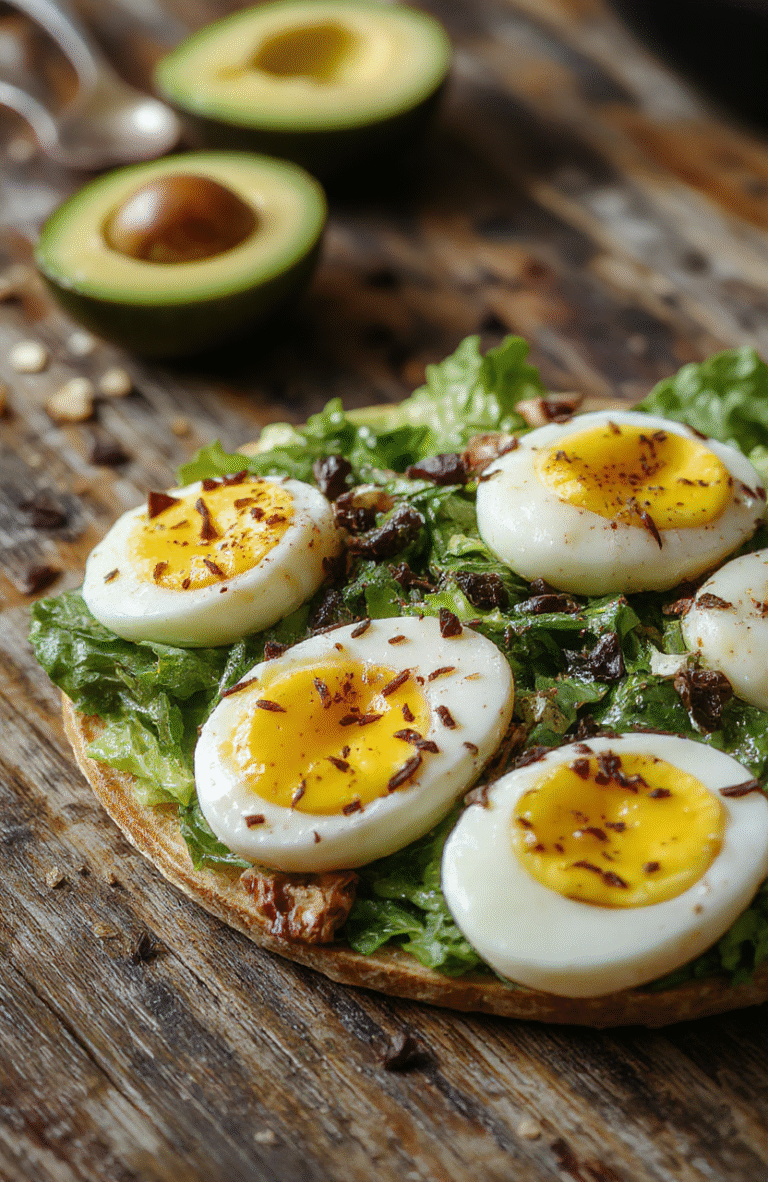 A vibrant bowl of egg and avocado salad featuring chopped hard-boiled eggs, creamy avocado slices, cherry tomatoes, and fresh greens, sprinkled with herbs and drizzled with a light dressing, all beautifully arranged on a rustic wooden table with natural sunlight highlighting the textures and colors.