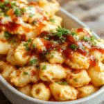 A vibrant plate of creamy mac and cheese topped with tender shredded BBQ honey-glazed chicken, garnished with fresh herbs, served on a rustic wooden table with a drizzle of honey and a sprinkle of cheese, textures rich and cheesy with crispy chicken pieces, colorful garnishes add visual appeal.