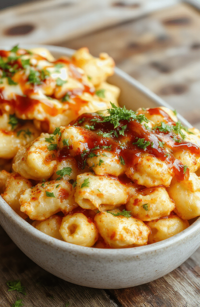 A vibrant plate of creamy mac and cheese topped with tender shredded BBQ honey-glazed chicken, garnished with fresh herbs, served on a rustic wooden table with a drizzle of honey and a sprinkle of cheese, textures rich and cheesy with crispy chicken pieces, colorful garnishes add visual appeal.
