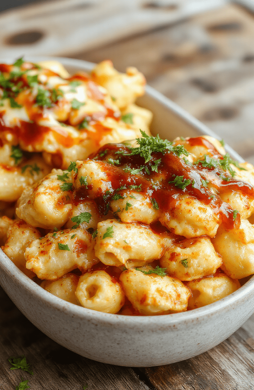 A vibrant plate of creamy mac and cheese topped with tender shredded BBQ honey-glazed chicken, garnished with fresh herbs, served on a rustic wooden table with a drizzle of honey and a sprinkle of cheese, textures rich and cheesy with crispy chicken pieces, colorful garnishes add visual appeal.