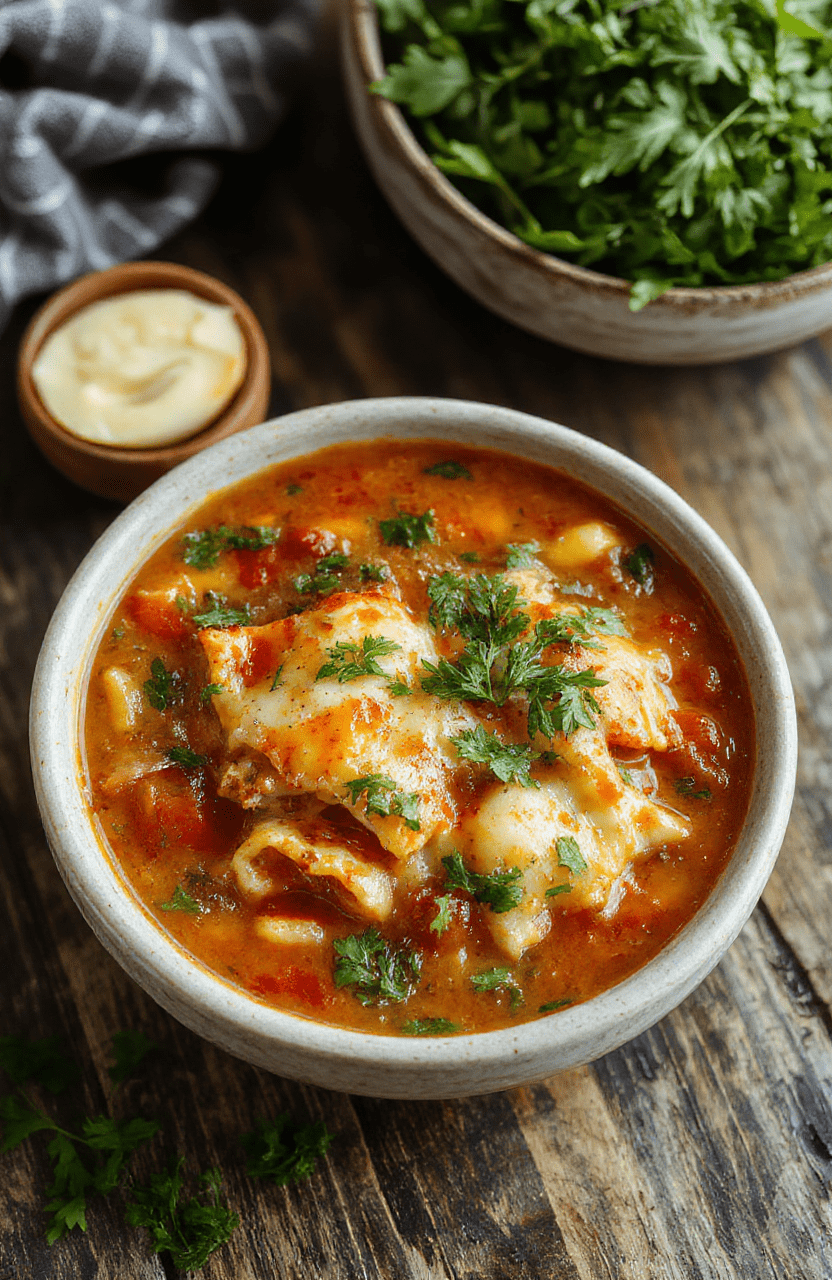 A vibrant bowl of hearty lasagna soup garnished with fresh basil and melted cheese, served on a rustic wooden table with a spoon resting beside it, steam rising, showcasing layers of rich tomato broth, ground beef, lasagna noodles, and a sprinkle of herbs, styled casually with a cozy, inviting atmosphere.