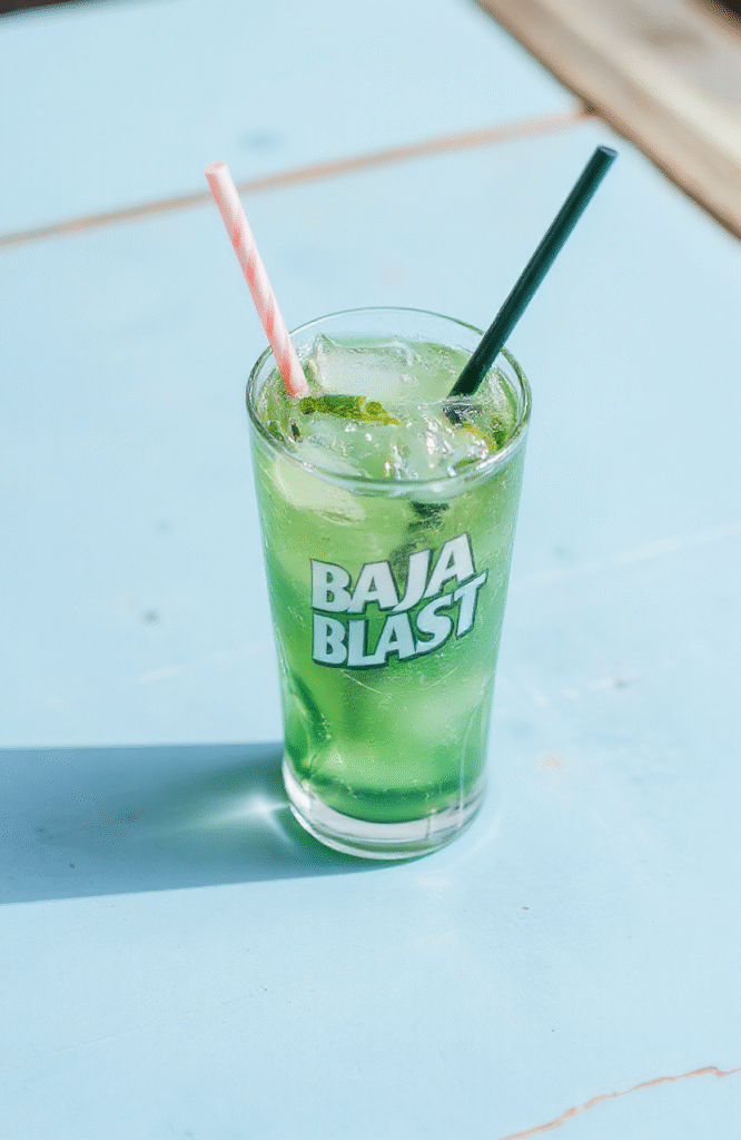 A vibrant, icy blue Baja Blast drink in a clear glass with condensation, garnished with a lime wedge, set on a light blue and white striped background, with a straw and ice cubes visible, styled for a casual summer refreshment.