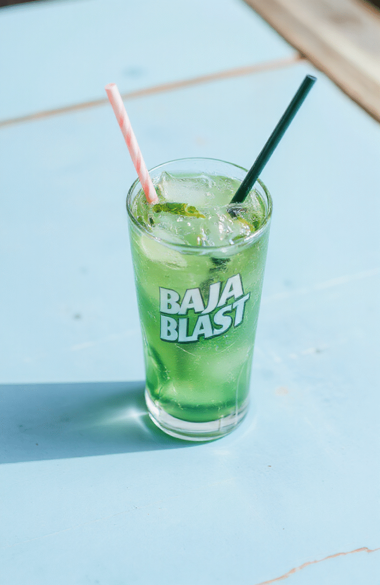 A vibrant, icy blue Baja Blast drink in a clear glass with condensation, garnished with a lime wedge, set on a light blue and white striped background, with a straw and ice cubes visible, styled for a casual summer refreshment.