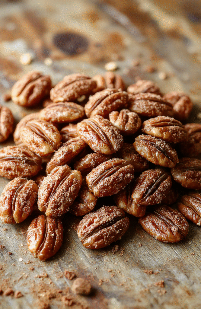 A close-up of golden-brown pecans coated in cinnamon sugar resting on a rustic wooden board, with a sprinkle of cinnamon visible, styled simply with a scattering of cinnamon on the side, warm and inviting colors emphasizing the sweetness and crunch.