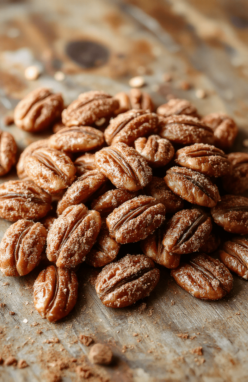 A close-up of golden-brown pecans coated in cinnamon sugar resting on a rustic wooden board, with a sprinkle of cinnamon visible, styled simply with a scattering of cinnamon on the side, warm and inviting colors emphasizing the sweetness and crunch.