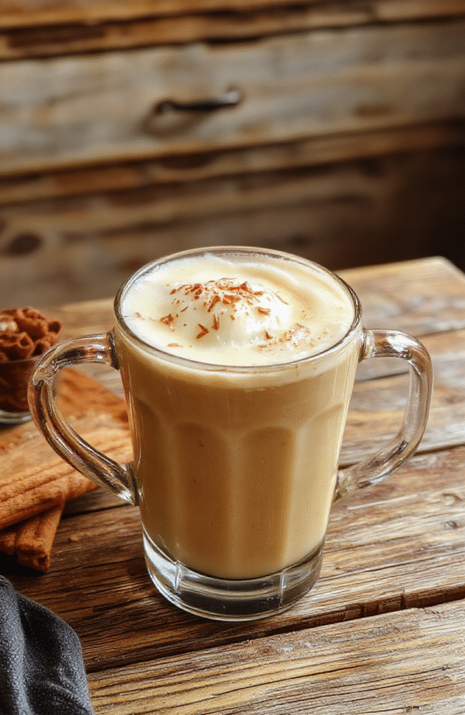 A warm, inviting vanilla cinnamon latte in a clear glass mug topped with whipped cream and a dusting of cinnamon powder. The latte has a rich, caramel color with visible swirls of vanilla syrup. The mug is placed on a rustic wooden table with a cinnamon stick and vanilla bean beside it, creating a cozy and comforting atmosphere, perfect for cold evenings.