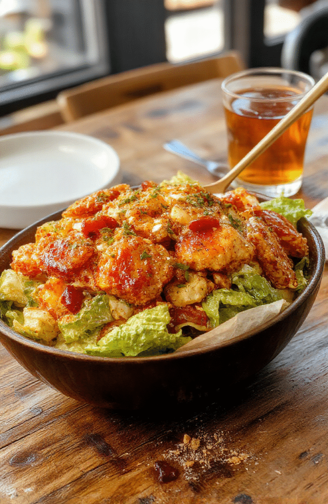 A vibrant plate of Honey Hot Chicken Salad featuring crispy seasoned chicken pieces draped in a glossy honey hot sauce, atop fresh greens mixed with colorful vegetables, topped with crispy almonds and a drizzle of honey, styled in a rustic setting with natural light highlighting textures and colors.