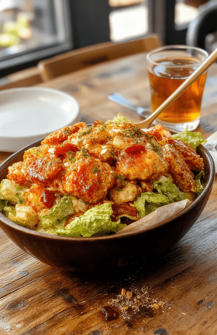 A vibrant plate of Honey Hot Chicken Salad featuring crispy seasoned chicken pieces draped in a glossy honey hot sauce, atop fresh greens mixed with colorful vegetables, topped with crispy almonds and a drizzle of honey, styled in a rustic setting with natural light highlighting textures and colors.