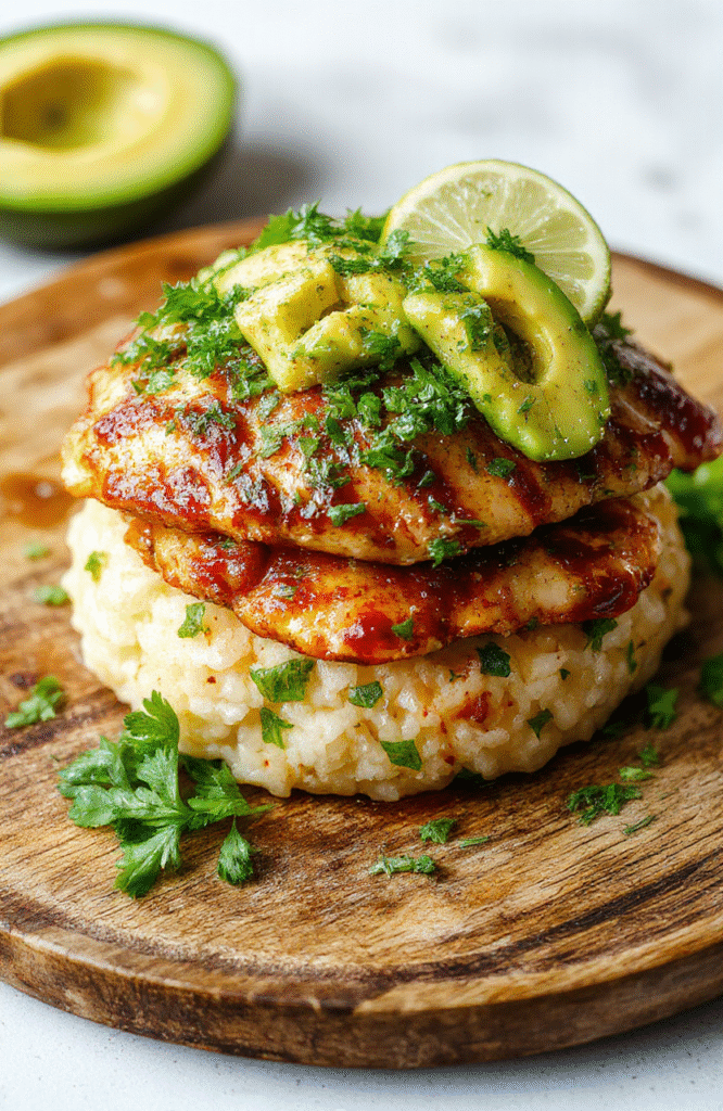 Colorful honey lime chicken served atop creamy avocado and fluffy rice, garnished with fresh herbs on a rustic wooden plate, vibrant and appetizing.