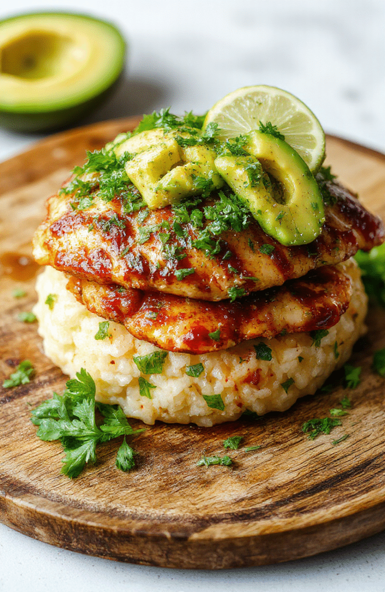 Colorful honey lime chicken served atop creamy avocado and fluffy rice, garnished with fresh herbs on a rustic wooden plate, vibrant and appetizing.