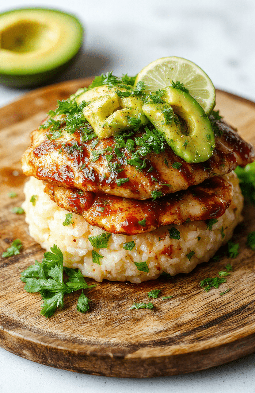 Colorful honey lime chicken served atop creamy avocado and fluffy rice, garnished with fresh herbs on a rustic wooden plate, vibrant and appetizing.