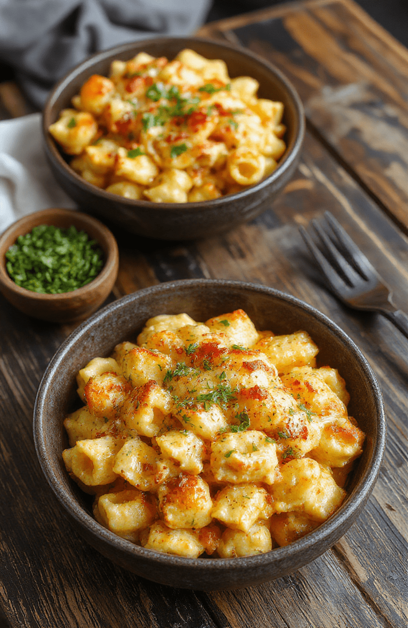 A creamy bowl of honey pepper chicken mac and cheese with crispy chicken pieces, drizzled with honey and sprinkled with black pepper, served in a rustic white bowl on a wooden table, garnished with fresh herbs, vibrant yellow and orange cheese sauce, crispy chicken contrasts with smooth pasta, styled with natural lighting highlighting textures.