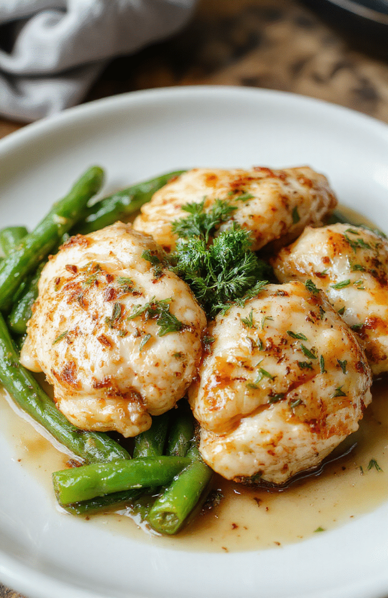 A vibrant plate featuring golden-brown chicken thighs glazed with lemon garlic butter, garnished with fresh green beans, served on a rustic white ceramic plate, with a lemon wedge and herbs for garnish. The dish is styled simply with a soft-focus background, showcasing glossy sauce textures, colorful beans, and tender chicken with crispy edges.
