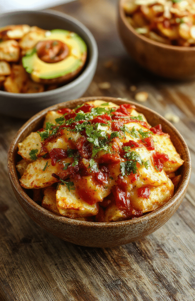 A vibrant loaded potato taco bowl topped with melted cheese, chopped green onions, sour cream, and crispy bacon pieces arranged on a white plate, with colorful ingredients and garnishes highlighting textures and flavors.