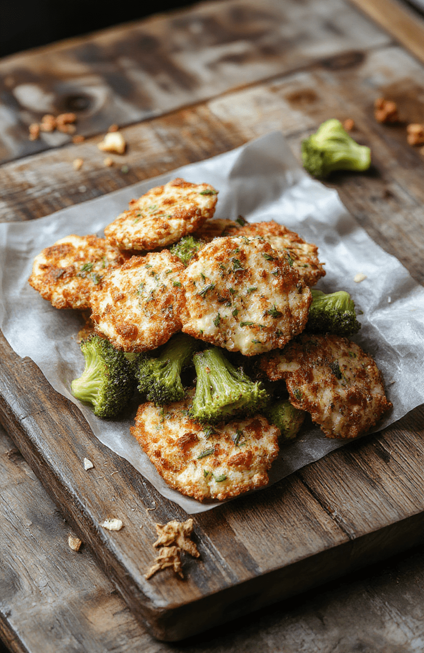 Golden brown crispy broccoli cheese rounds on a white plate, vibrant green broccoli flecks visible inside the cheesy exterior, styled simply on a rustic wooden surface with a blurred leafy background, inviting and appetizing texture contrast.