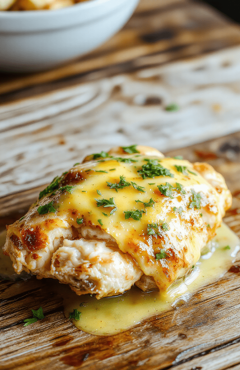 A close-up of golden-brown garlic butter chicken pieces garnished with chopped parsley on a rustic white plate, with melted garlic butter sauce glistening on the juicy meat, surrounded by fresh garlic cloves and sprigs of herbs, styled on a wooden table with subtle natural lighting highlighting the textures.
