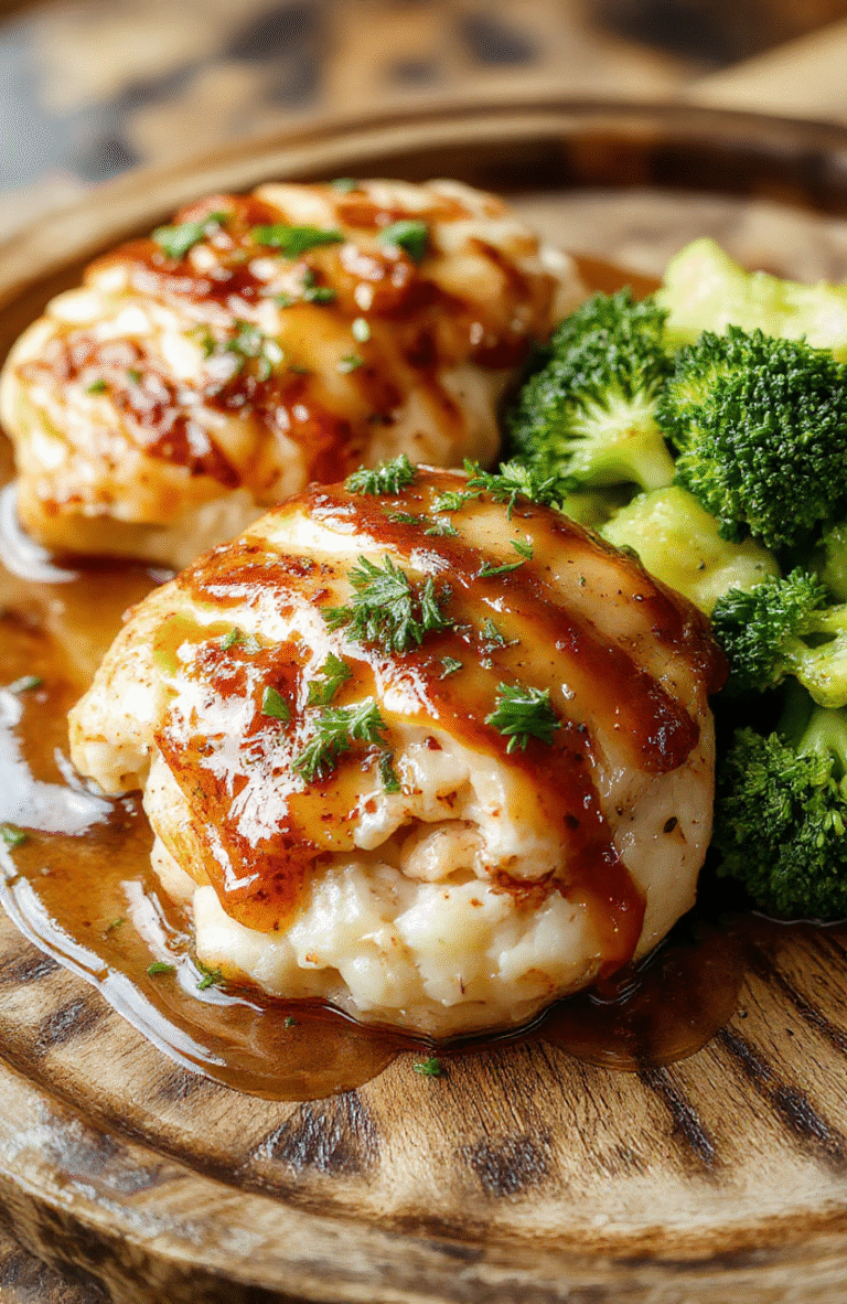 A golden-brown honey butter chicken glazed with a shiny, sticky honey sauce, topped with a sprig of thyme on a rustic wooden plate, accompanied by silky mashed potatoes and vibrant green steamed broccoli, styled casually with soft natural lighting illuminating the glistening sauce and tender chicken pieces.