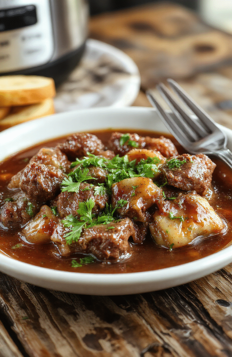 A rustic white bowl filled with tender beef in rich wine sauce, garnished with fresh thyme and pearl onions, surrounded by sliced carrots and mushrooms, all nestled on a wooden table with a cozy, warm backdrop, steam gently rising, creating an inviting and hearty atmosphere.