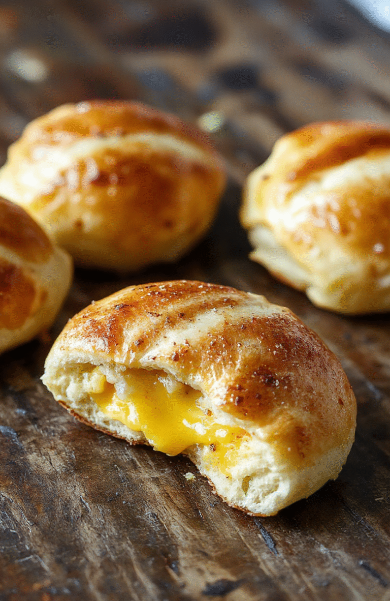 A close-up of golden-brown mini grilled cheese sandwiches made with soft Hawaiian rolls, gooey melted cheese spilling out, served on a rustic wooden platter, garnished with fresh herbs, capturing a warm and inviting atmosphere with a focus on crispy textures and cheesy goodness.