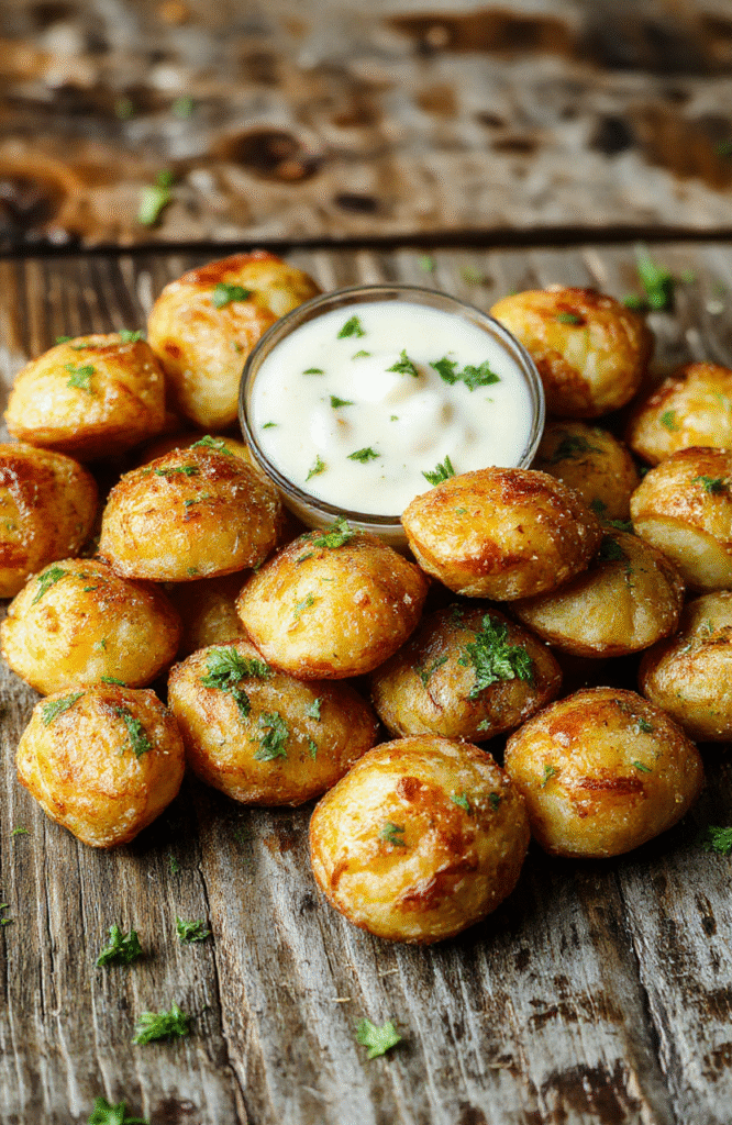 Golden brown mini potato bites arranged on a white plate, garnished with fresh herbs and served with a side of dipping sauce, showcasing crispy textures and tender insides, styled on a rustic wood surface with natural light highlighting the textures.