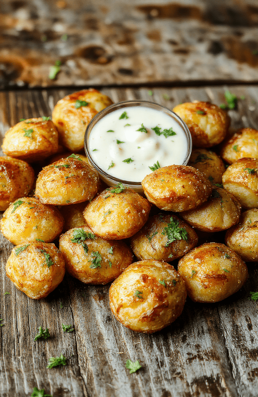 Golden brown mini potato bites arranged on a white plate, garnished with fresh herbs and served with a side of dipping sauce, showcasing crispy textures and tender insides, styled on a rustic wood surface with natural light highlighting the textures.