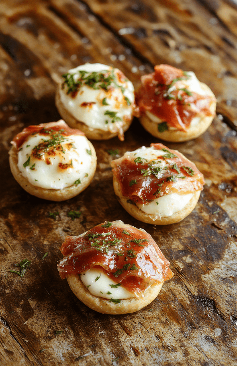 A close-up of prosciutto wrapped mozzarella bites arranged neatly on a white plate, showcasing the golden-brown prosciutto and gooey mozzarella inside, with a sprinkle of fresh herbs and a rustic wooden table background.