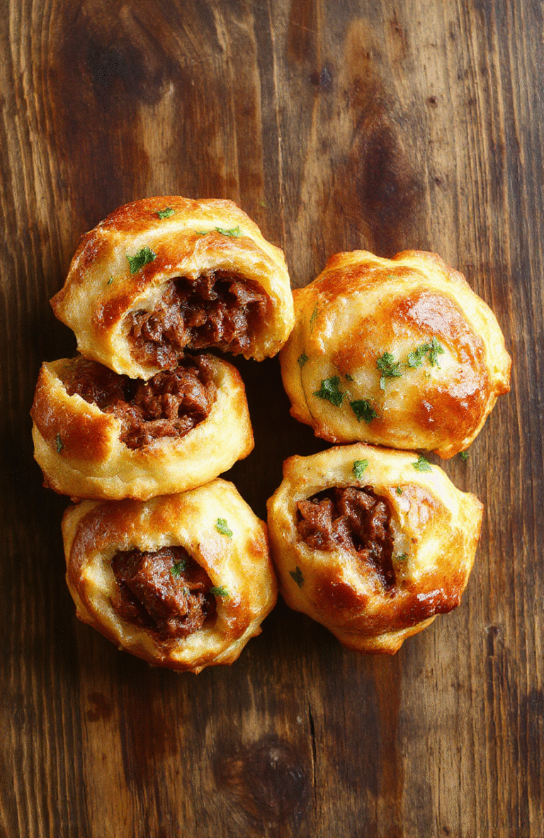 Golden brown pulled beef pastry puffs arranged on a white plate, flaky and crispy exterior with tender pulled beef filling visible inside, garnished with fresh herbs, styled on a rustic wooden surface with natural daylight highlighting textures.