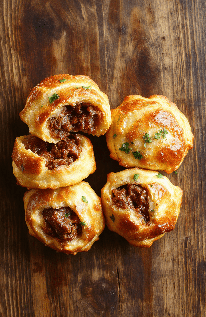 Golden brown pulled beef pastry puffs arranged on a white plate, flaky and crispy exterior with tender pulled beef filling visible inside, garnished with fresh herbs, styled on a rustic wooden surface with natural daylight highlighting textures.