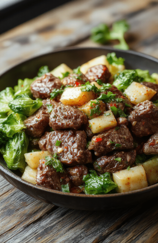 A colorful beef stir fry plated with vibrant red and green bell peppers, broccoli, and carrots, glistening with a savory sauce. The dish is arranged on a rustic wooden table with a side of steamed rice, showcasing a glossy, well-cooked texture and fresh ingredients styled casually for an inviting look.