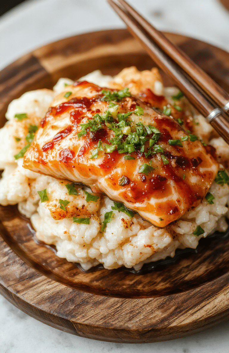 A vibrant rice bowl topped with golden-brown air fried salmon bites glazed with shiny teriyaki sauce, garnished with green scallions and sesame seeds, styled on a rustic wooden plate with a colorful background