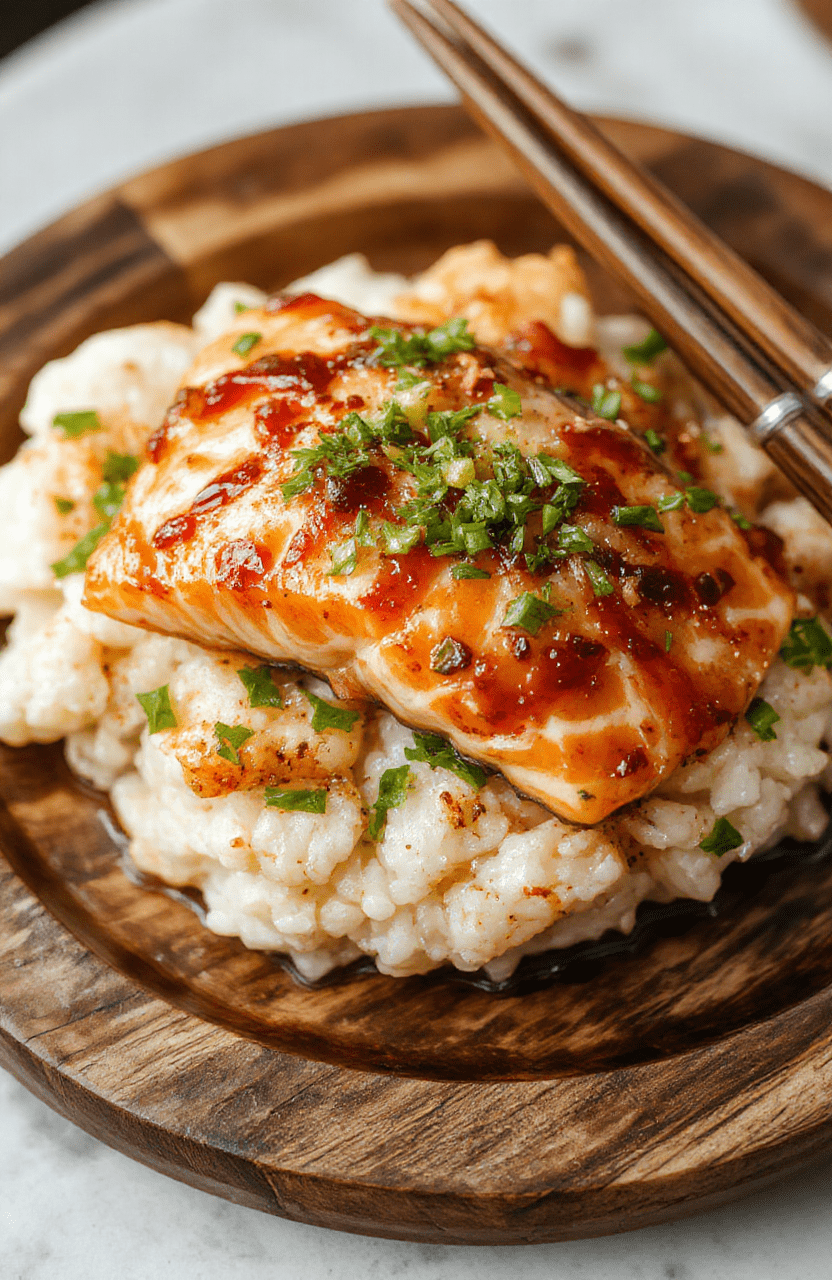 A vibrant rice bowl topped with golden-brown air fried salmon bites glazed with shiny teriyaki sauce, garnished with green scallions and sesame seeds, styled on a rustic wooden plate with a colorful background