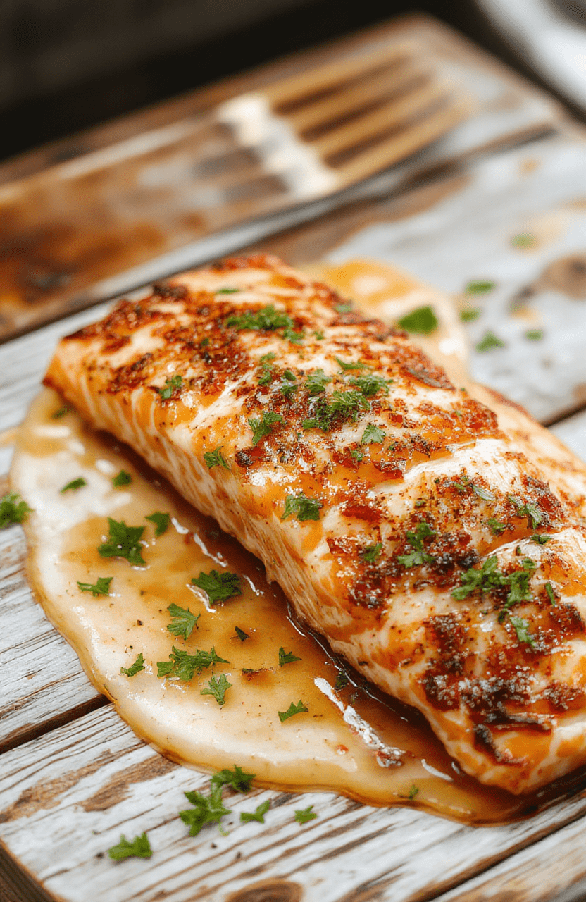 A perfectly cooked, flaky salmon fillet with a golden crust sits on a white ceramic plate garnished with fresh herbs, surrounded by lemon wedges, on a rustic wooden table with a soft natural light highlighting the tender texture and crispy edges.