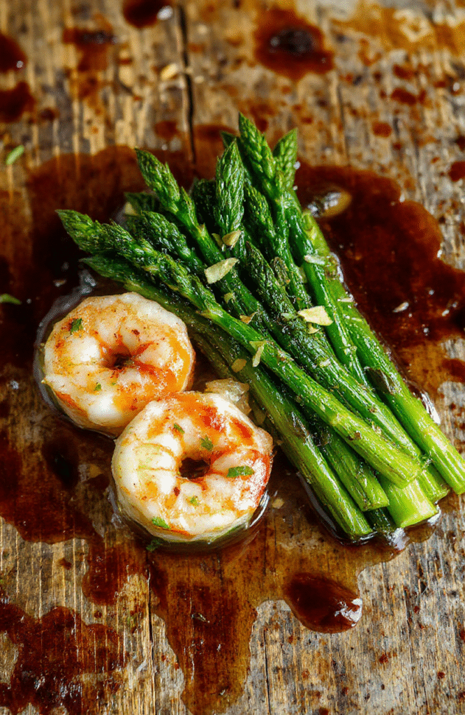 A vibrant plate featuring succulent lemon garlic shrimp and tender asparagus spears arranged neatly on a white ceramic plate. The shrimp are coated in a glossy lemon garlic sauce, garnished with fresh herbs, and surrounded by bright green asparagus. The dish is styled with a rustic wooden table background, emphasizing freshness and simplicity, with a subtle drizzle of lemon atop. Natural lighting highlights textures and vibrant colors.