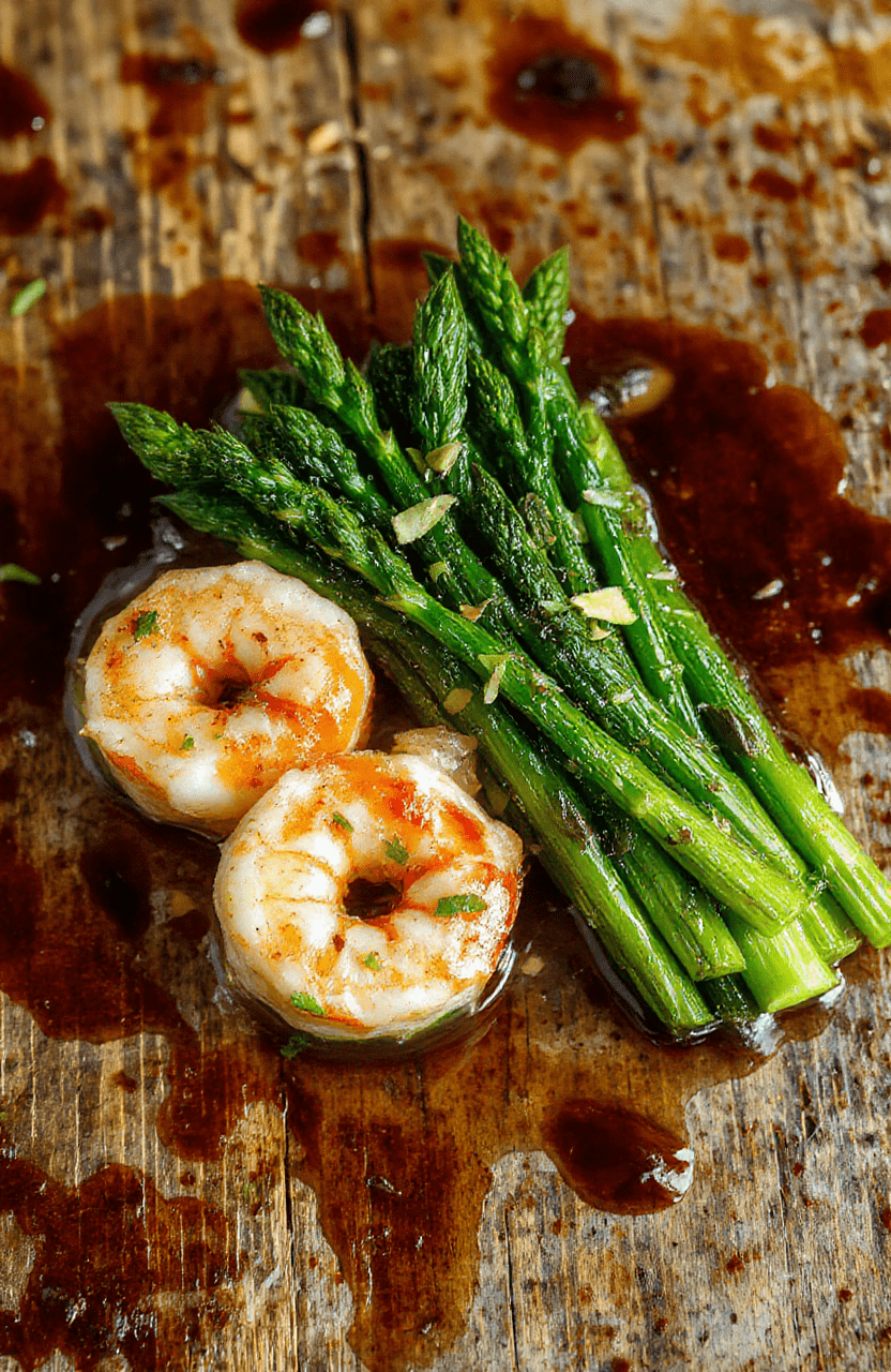 A vibrant plate featuring succulent lemon garlic shrimp and tender asparagus spears arranged neatly on a white ceramic plate. The shrimp are coated in a glossy lemon garlic sauce, garnished with fresh herbs, and surrounded by bright green asparagus. The dish is styled with a rustic wooden table background, emphasizing freshness and simplicity, with a subtle drizzle of lemon atop. Natural lighting highlights textures and vibrant colors.