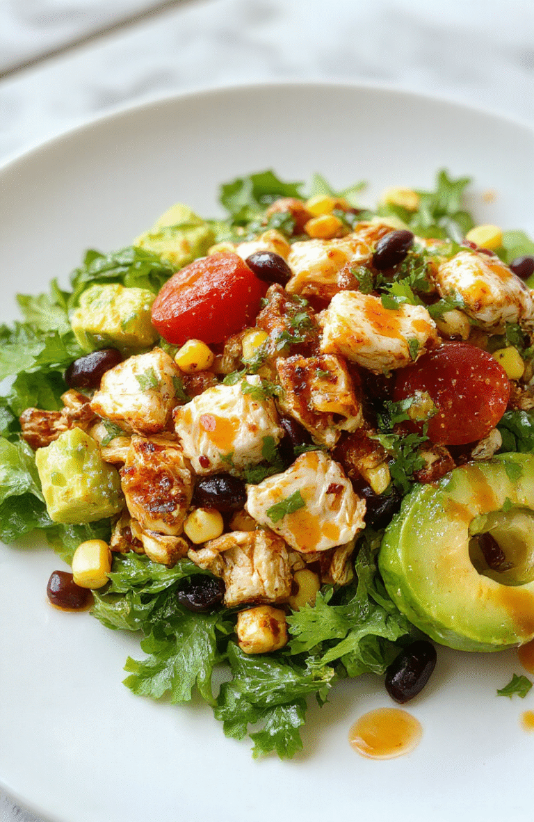 Colorful Southwest chicken salad arranged on a white plate, featuring mixed greens, shredded grilled chicken, diced avocado, cherry tomatoes, corn, and black beans, topped with cilantro and a drizzle of creamy dressing, styled with vibrant ingredients, fresh textures, and appetizing presentation.