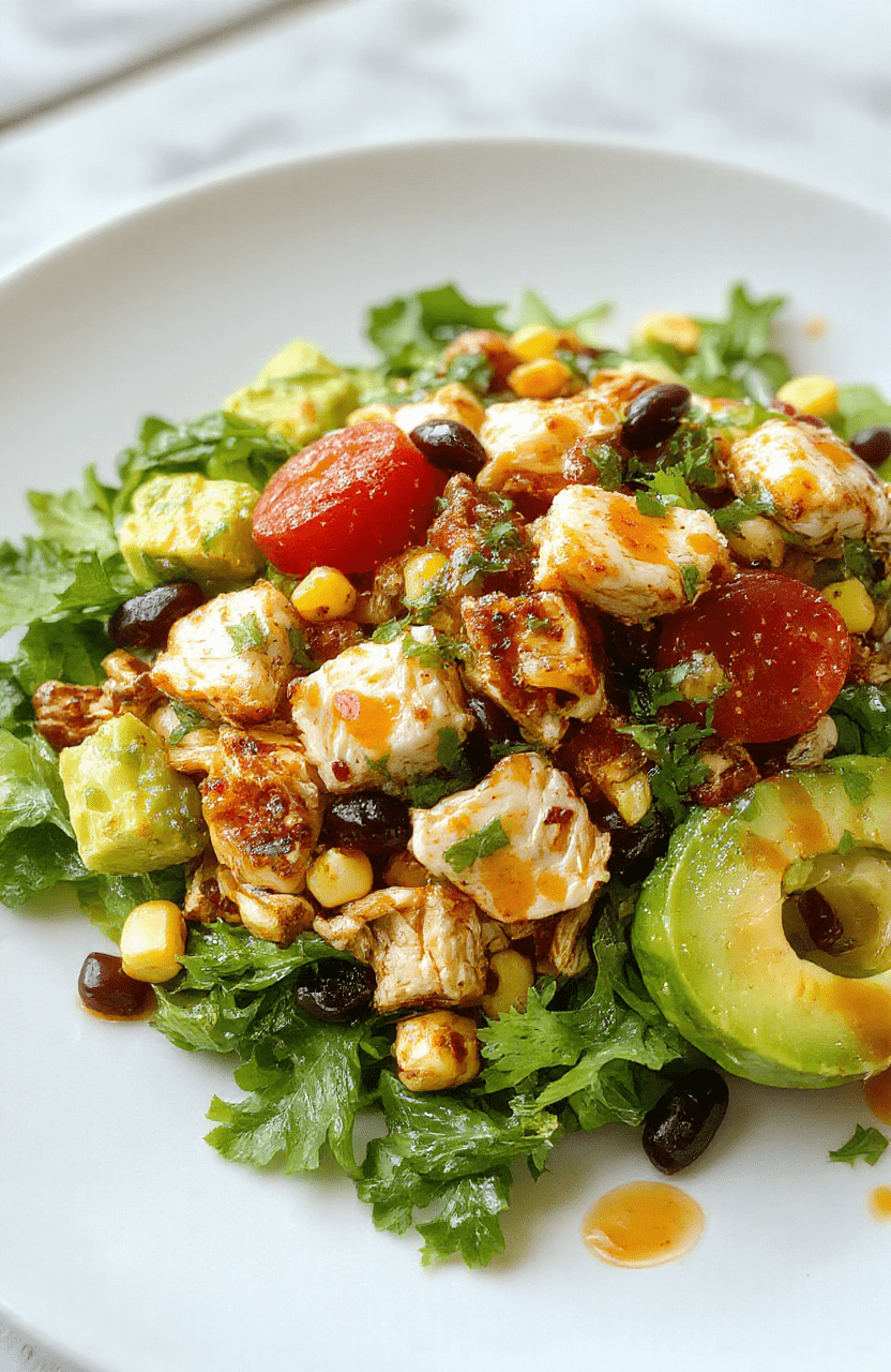 Colorful Southwest chicken salad arranged on a white plate, featuring mixed greens, shredded grilled chicken, diced avocado, cherry tomatoes, corn, and black beans, topped with cilantro and a drizzle of creamy dressing, styled with vibrant ingredients, fresh textures, and appetizing presentation.