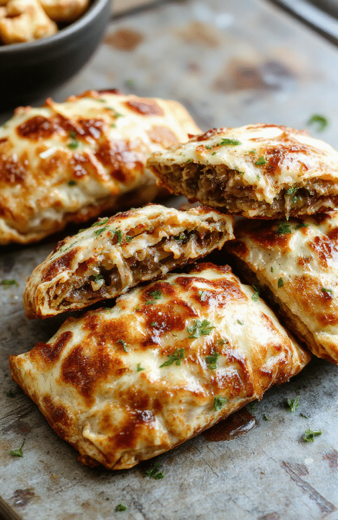 Golden brown air fryer calzones on a rustic wooden table, flaky crust with melted cheese oozing out, garnished with fresh basil leaves, perfectly crispy edges, steaming hot and inviting.