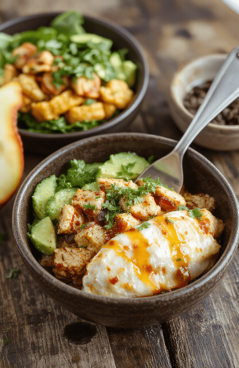 Vibrant chicken fajita burrito bowl featuring colorful sliced bell peppers, grilled chicken strips, and melted cheese over a bed of seasoned rice, garnished with fresh cilantro and lime wedges, styled in a modern bowl with a rustic wooden background and natural daylight highlighting fresh ingredients.